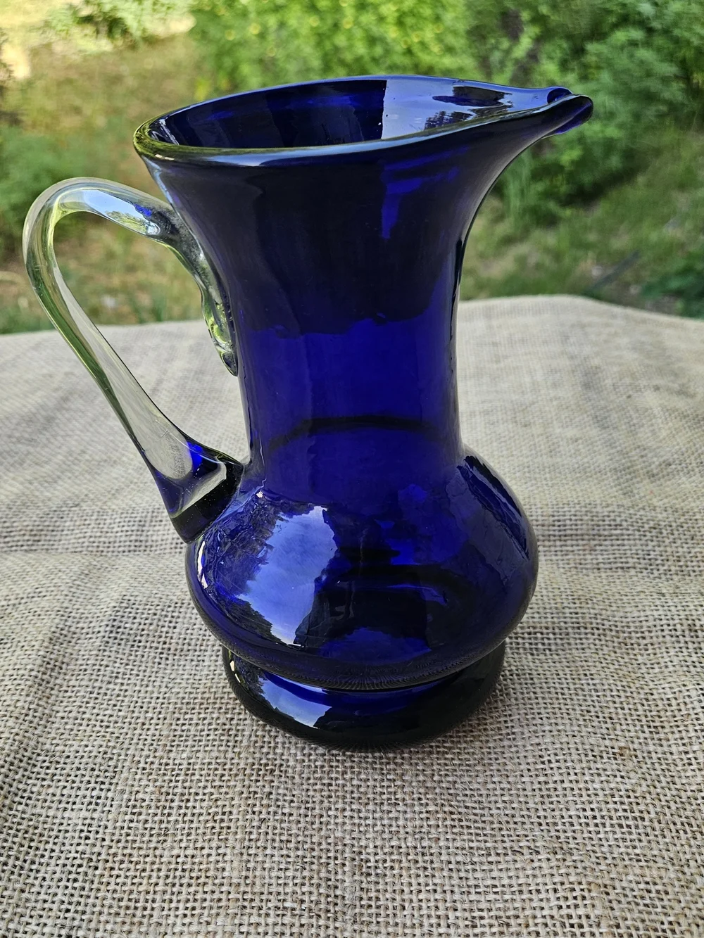 Cobalt Blue Art Glass Pitcher with Clear Handle Makes a Nice Vase - Picture 9 of 12
